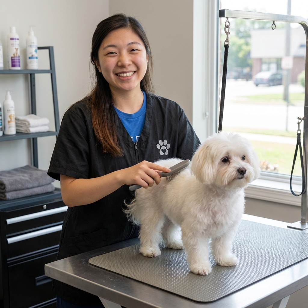 A groomer gently brushing a small white dog on a grooming table