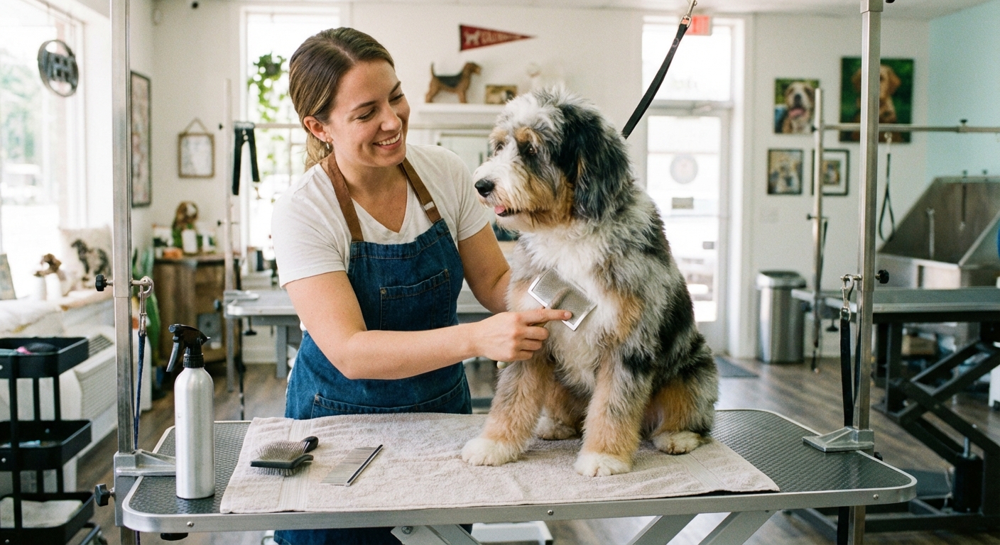 A groomer gently brushing an Aussiedoodle on a grooming table with a slicker brush and comb nearby