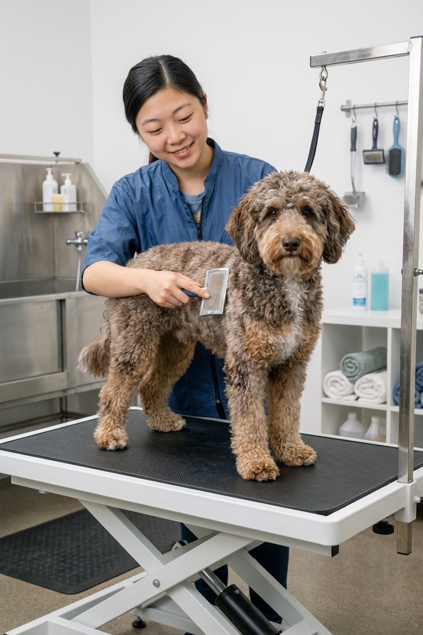 A groomer gently brushing an Aussiedoodle on a grooming table in a clean salon