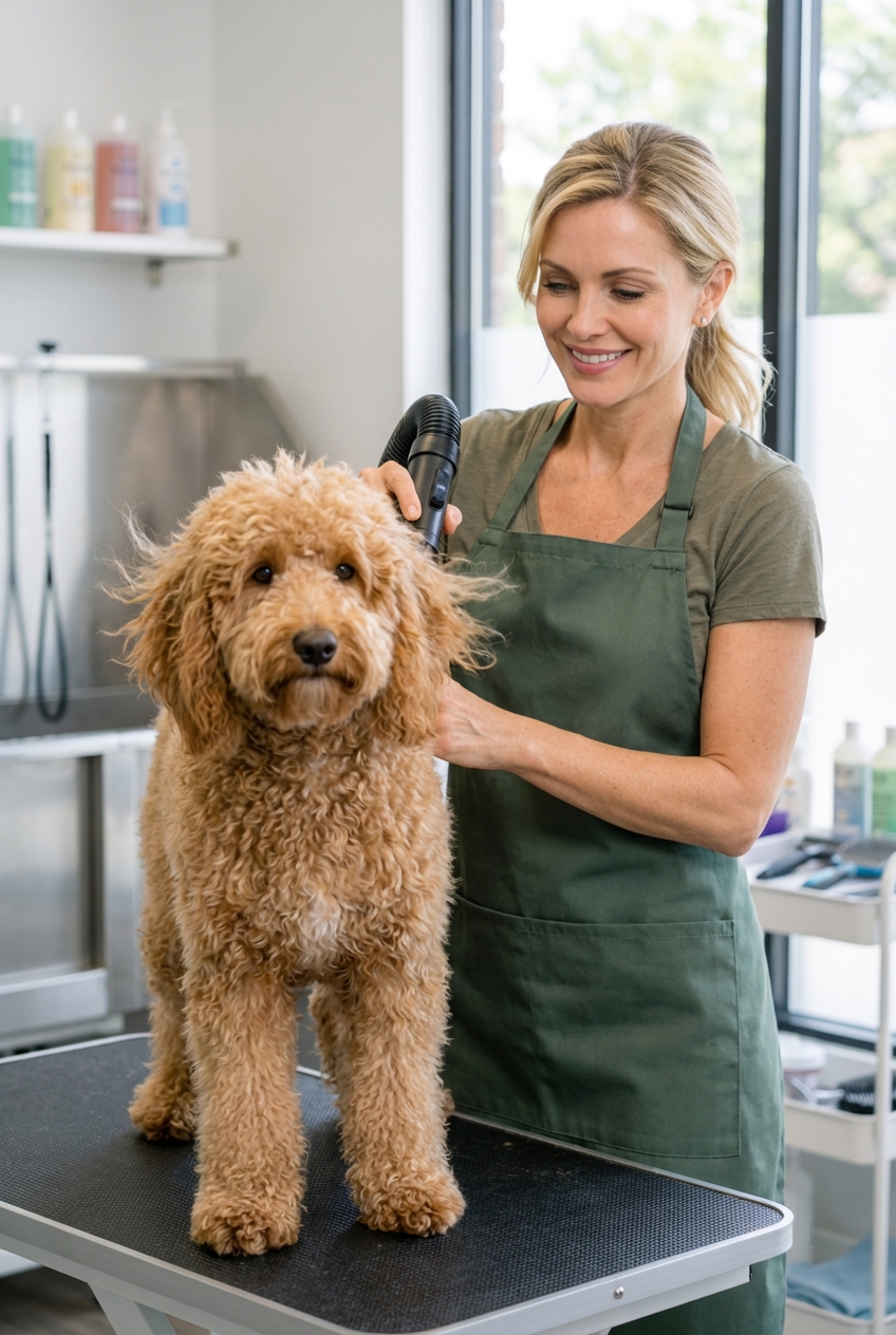 A groomer gently drying a medium-sized curly-coated dog with a blower in a grooming salon