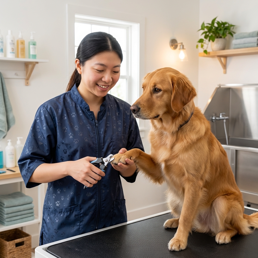 A groomer gently holding a dog’s paw while trimming nails in a calm, well-lit grooming room