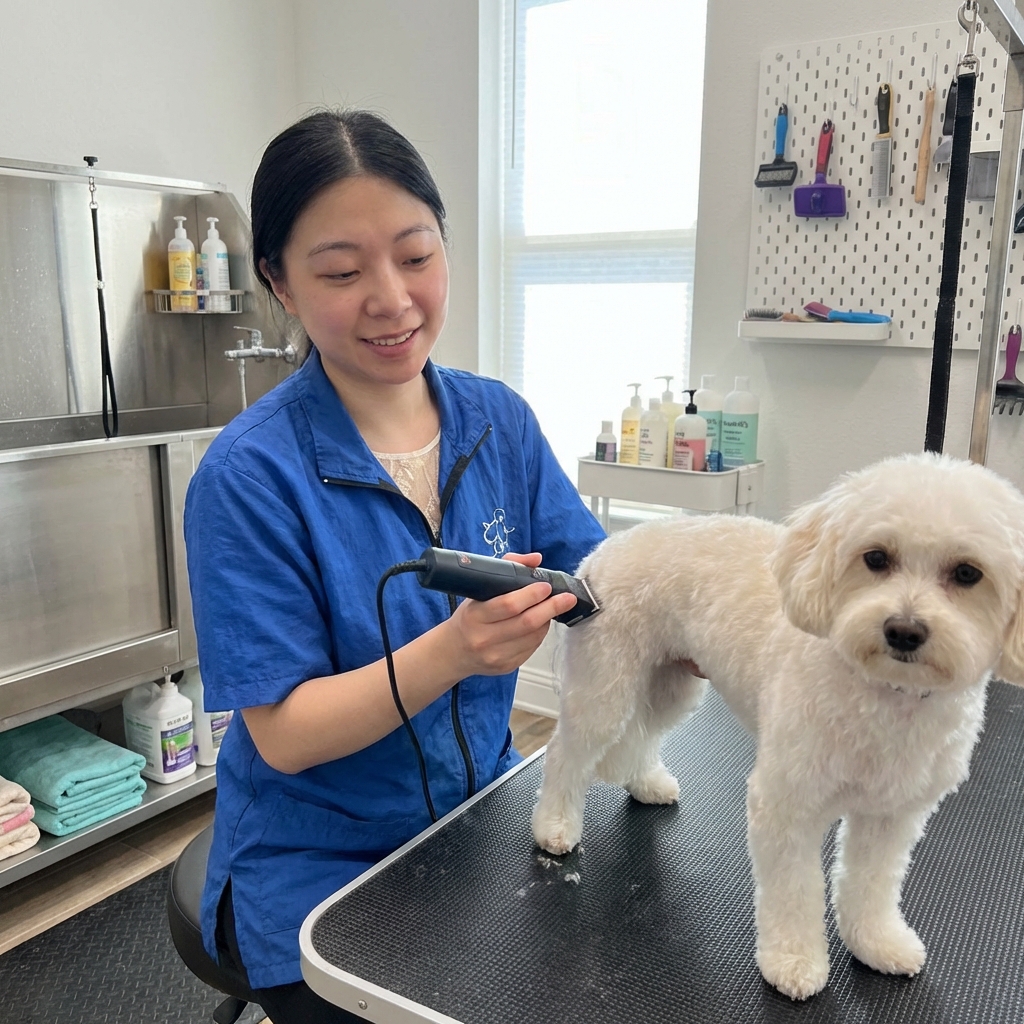 A groomer gently trimming fur around a small dog’s hindquarters in a clean grooming room