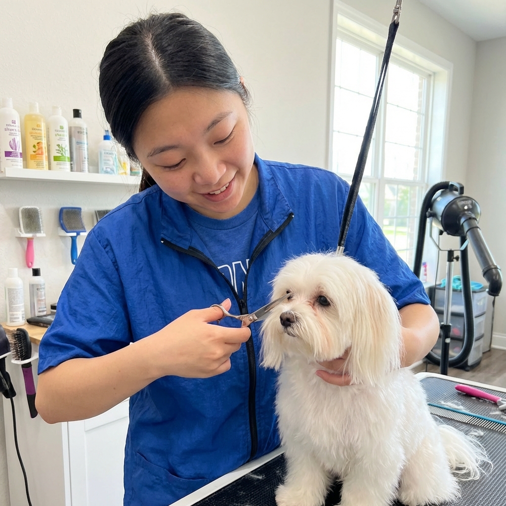 A groomer gently trimming long fur around a dog’s eyes in a well-lit grooming area