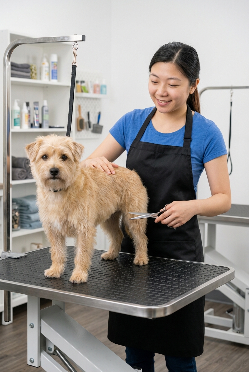 A groomer holding small scissors near a dog’s hindquarters while the dog stands calmly on a grooming table