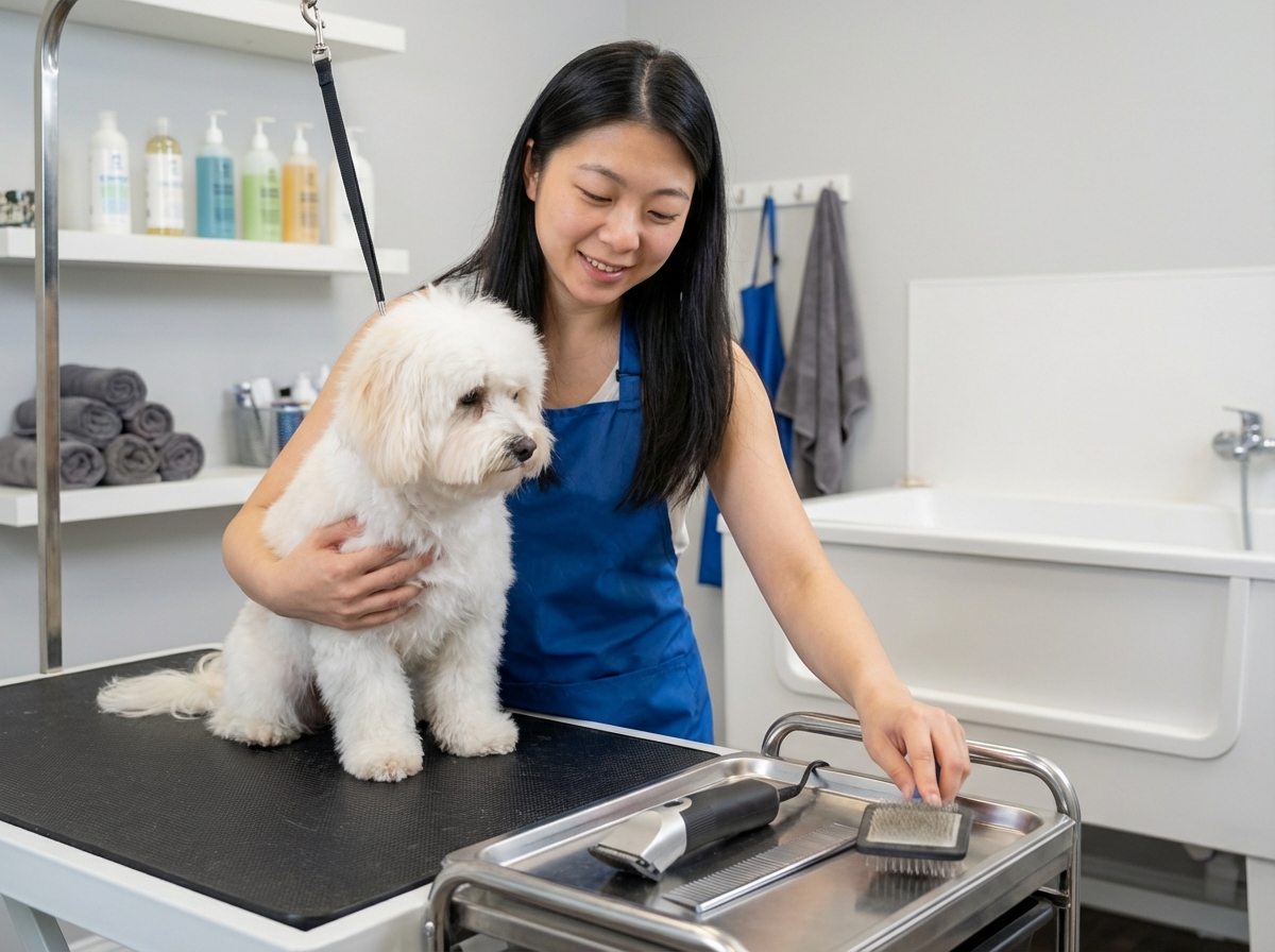 A groomer in a clean grooming salon gently holding a small dog while preparing for hygiene care