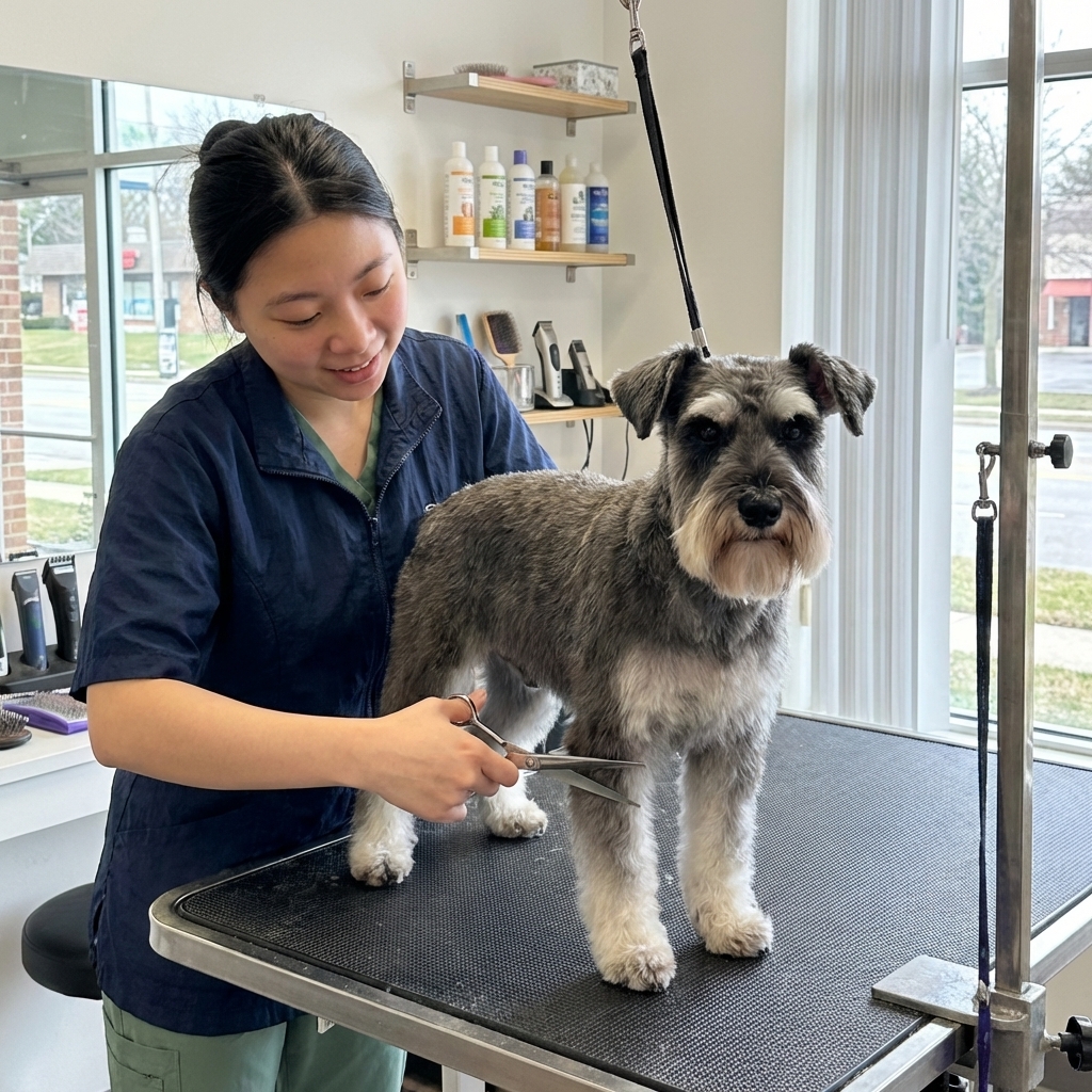 A groomer trims a Miniature Schnauzer’s coat with scissors while the dog stands calmly on a grooming table.