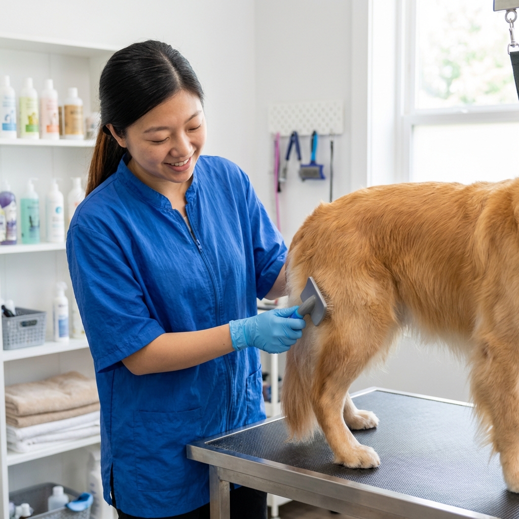 A groomer wearing gloves gently handling a dog near the hindquarters in a grooming salon