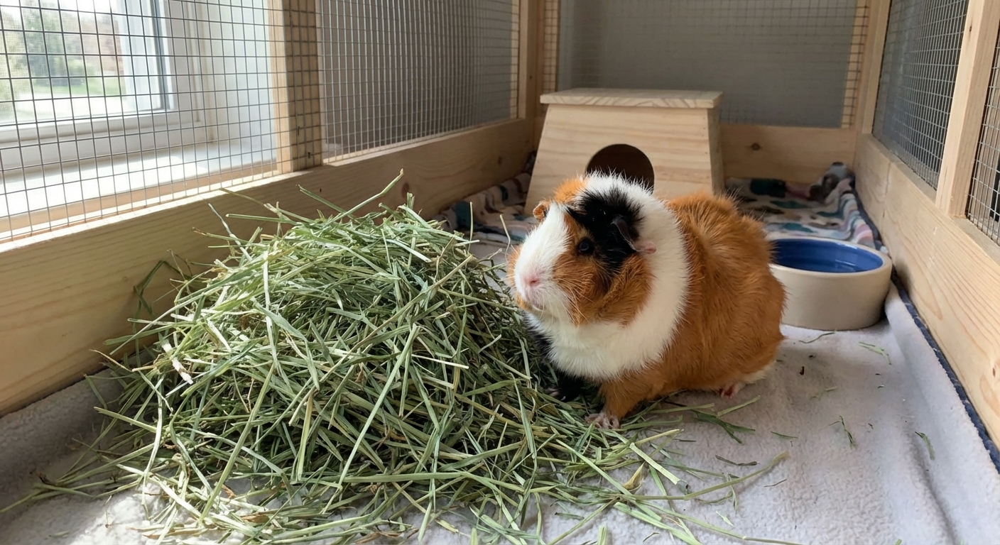 A guinea pig sitting beside a large pile of fresh timothy hay in a clean indoor enclosure, natural window light, photorealistic