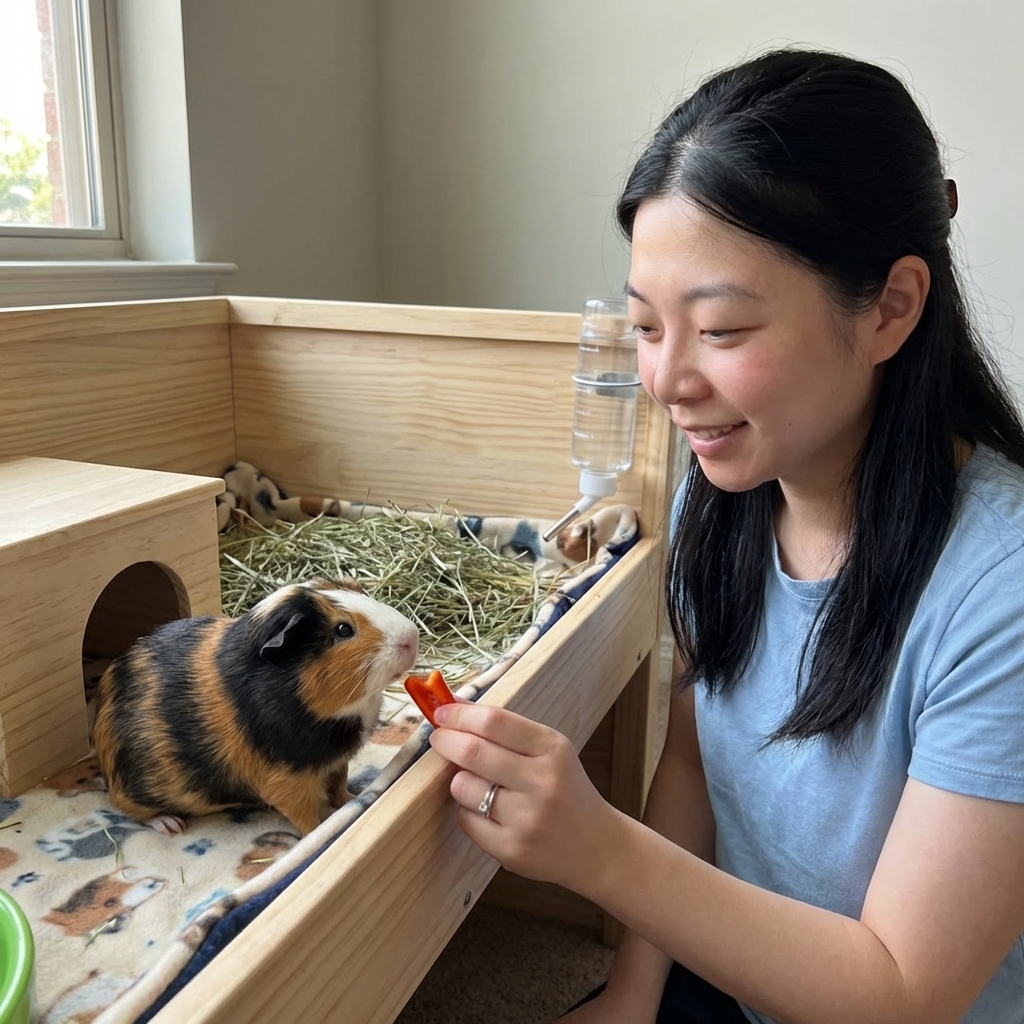 A guinea pig sitting calmly in a clean enclosure while a person offers a small piece of bell pepper
