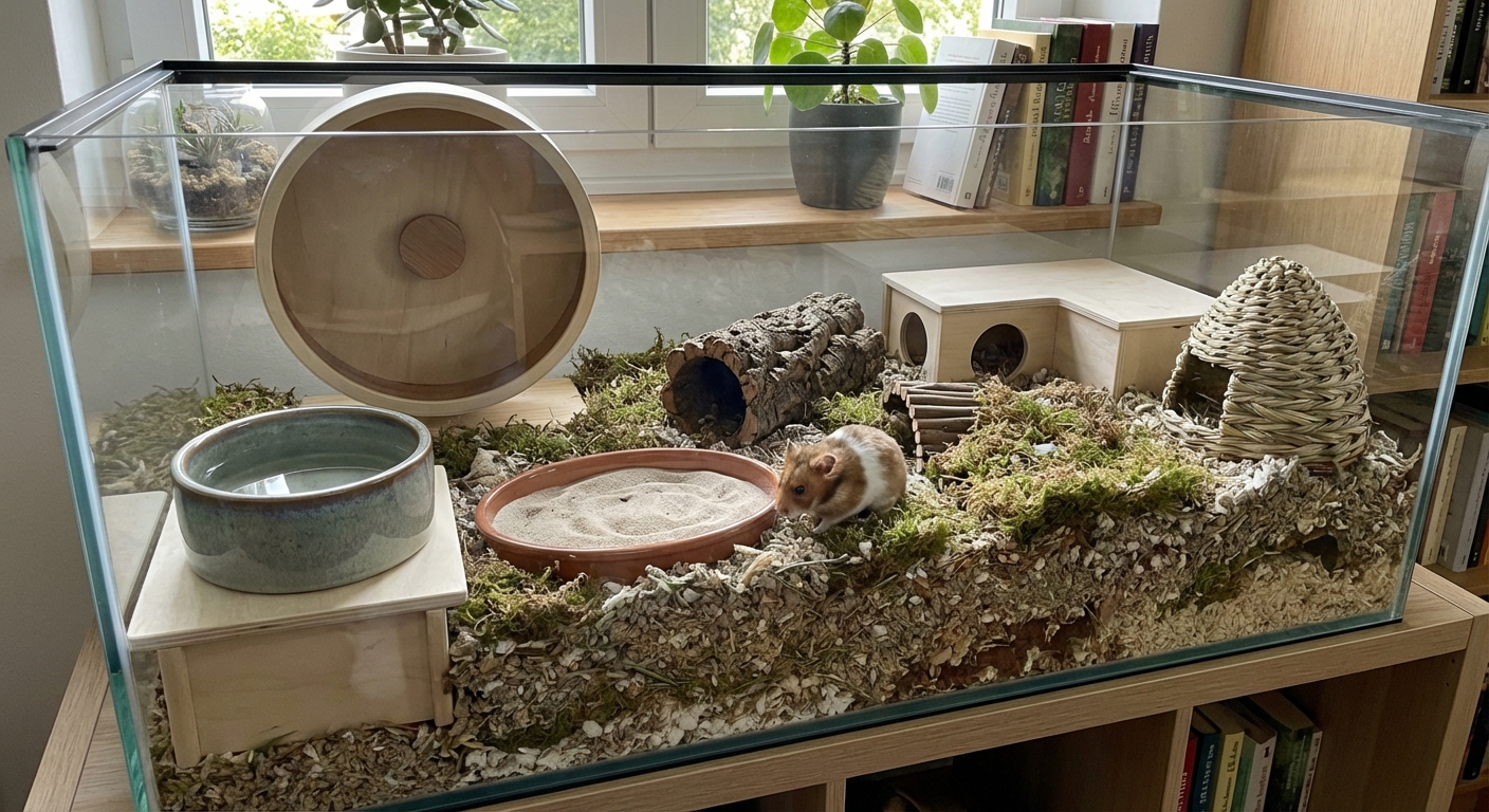 A hamster enclosure with a large solid wheel, ceramic water bowl, sand bath dish, and multiple hideouts