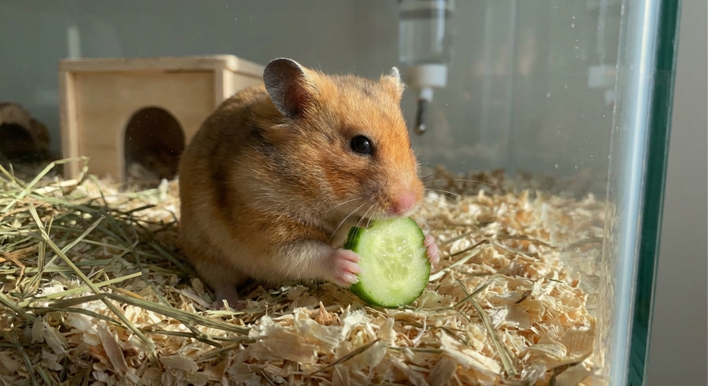 A hamster nibbling a small piece of cucumber held near the bedding