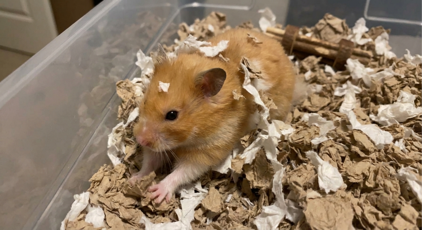 A hamster partially buried in deep paper bedding while tunneling