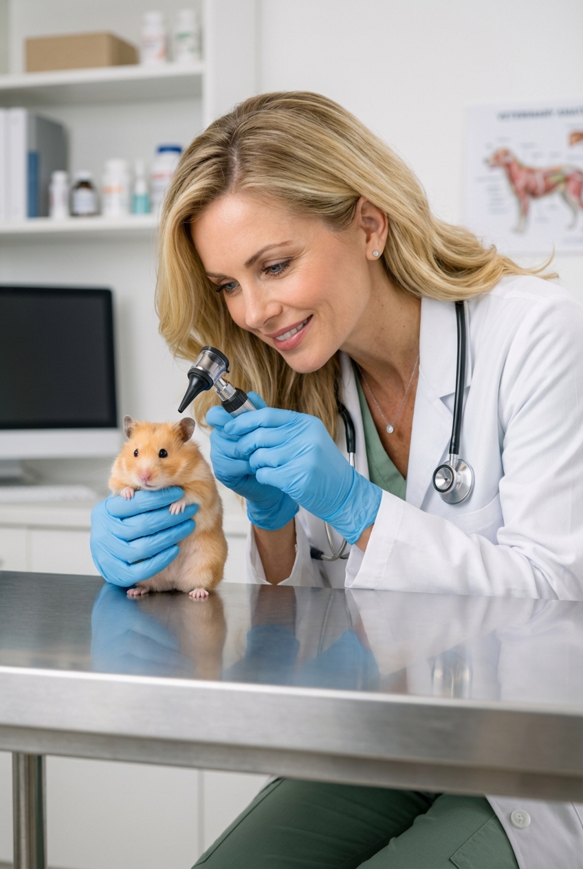 A hamster sitting calmly while being examined by a veterinarian wearing gloves