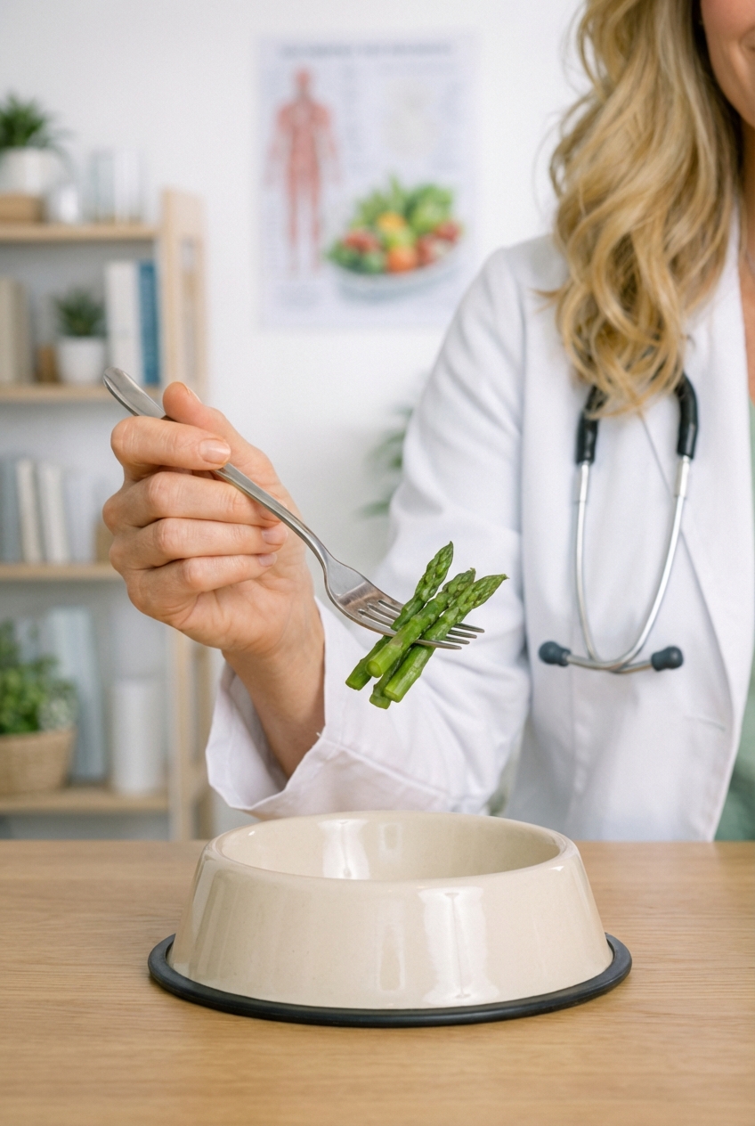 A hand holding a fork with a few small pieces of plain steamed asparagus above a dog bowl