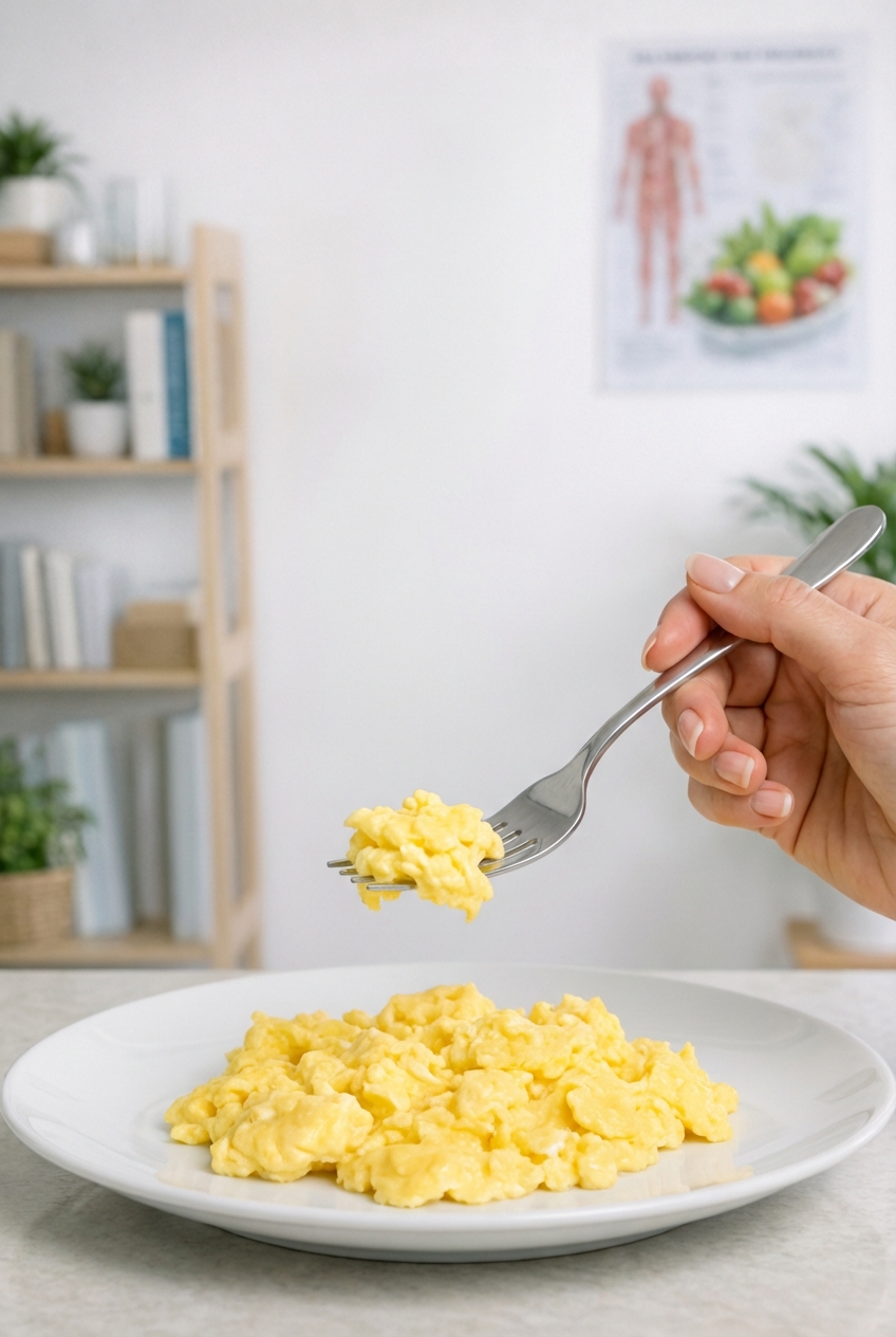 A hand holding a fork with a small bite of plain scrambled egg above a white plate
