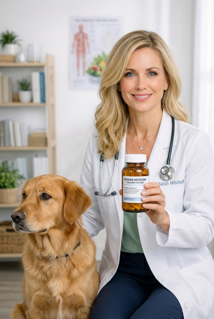 A hand holding a human medicine bottle near a dog, with the dog looking away