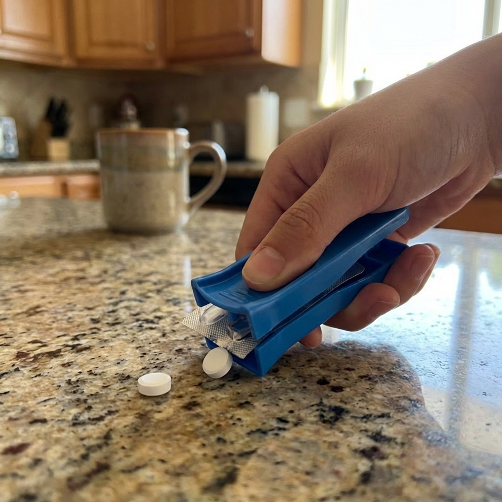 A hand holding a pill popper device next to a small tablet on a kitchen counter