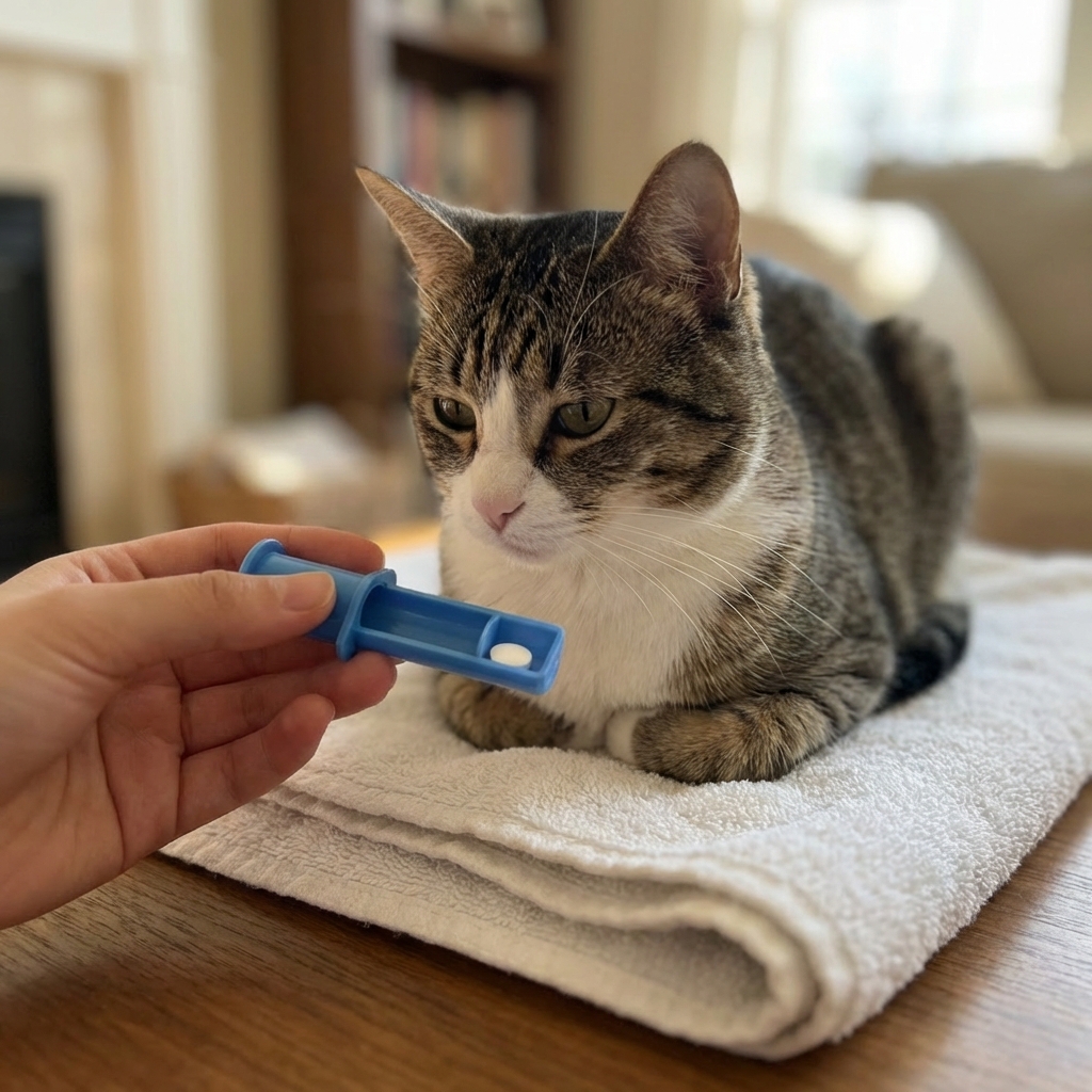 A hand holding a pill popper next to a calm cat sitting on a towel