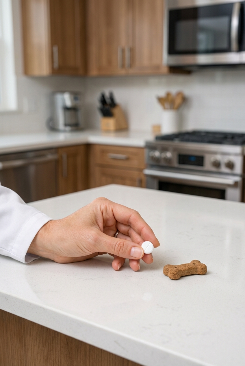 A hand holding a plain diphenhydramine tablet next to a small dog treat on a kitchen counter