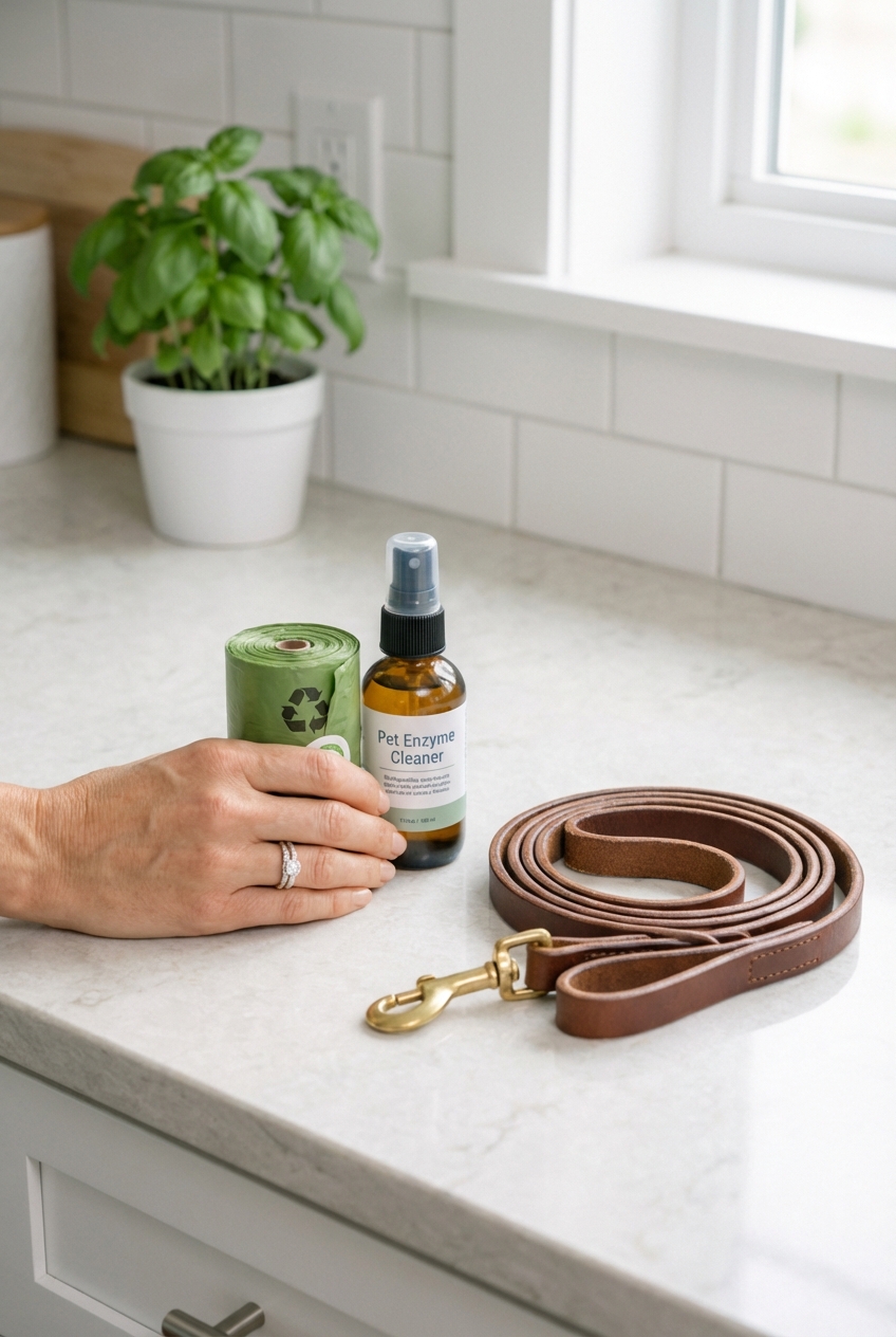 A hand holding a roll of poop bags and a small bottle of enzyme cleaner next to a leash on a kitchen counter