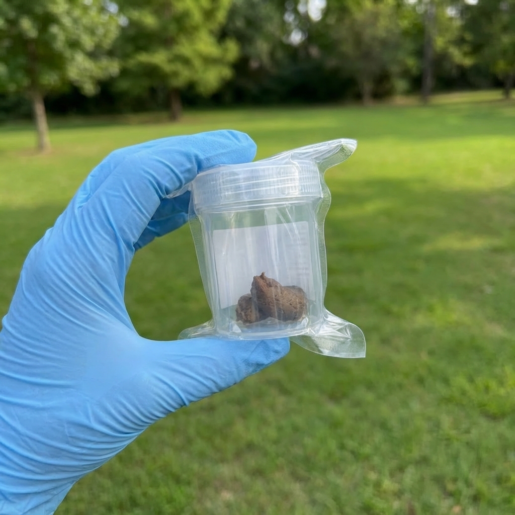 A hand holding a sealed plastic container with a fresh dog stool sample outdoors