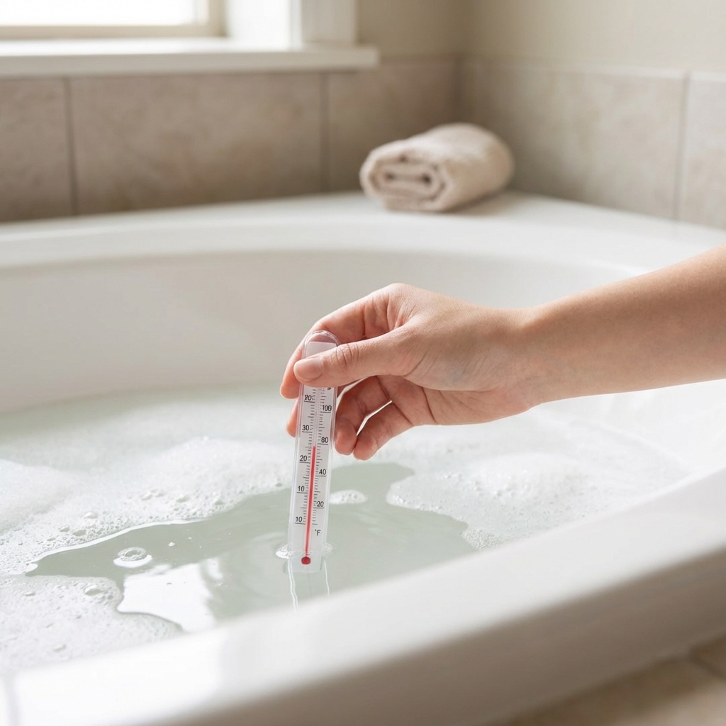 A hand holding a simple water thermometer in a shallow tub of bath water