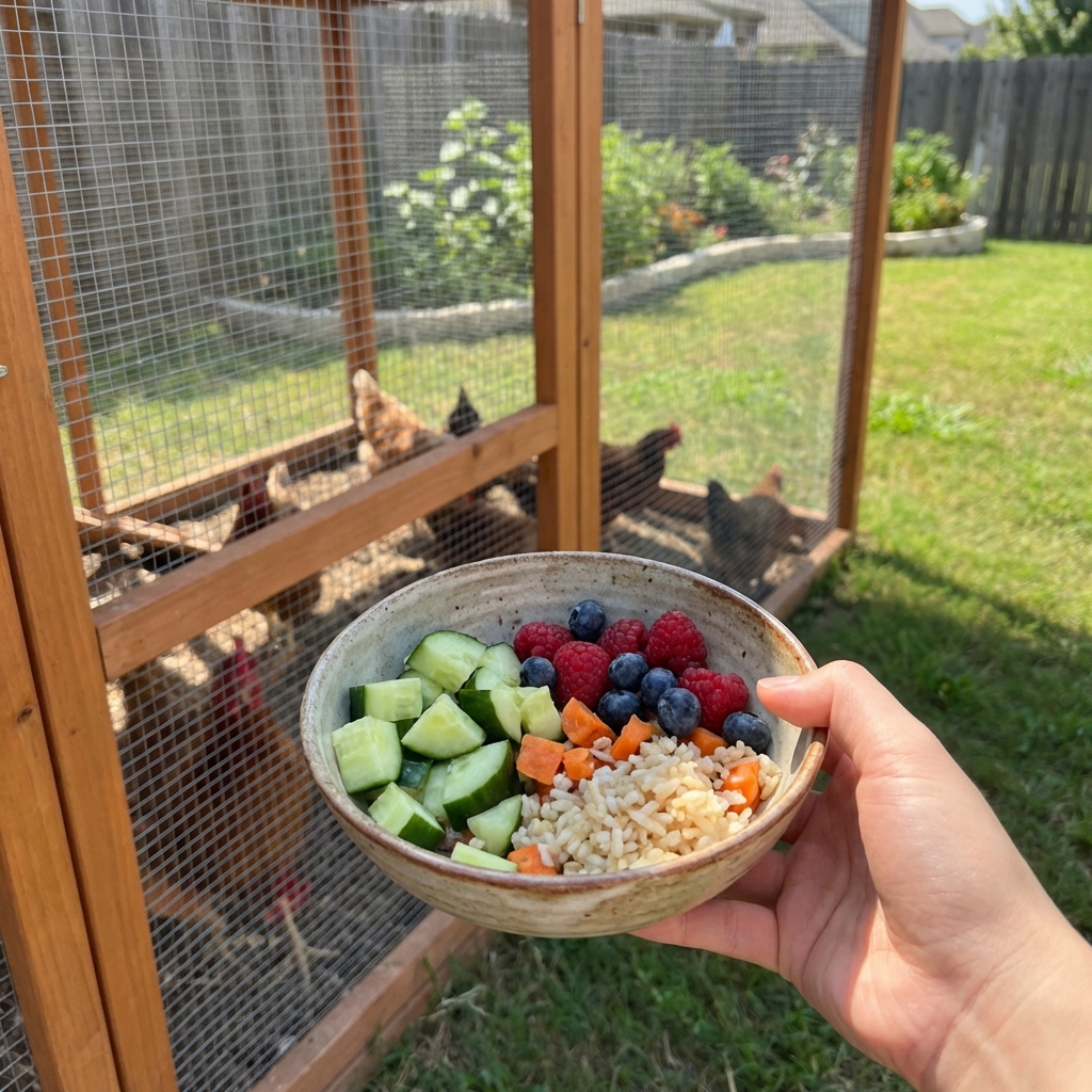 A hand holding a small bowl of mixed chicken-safe scraps like chopped cucumber and berries near a coop run on a sunny day