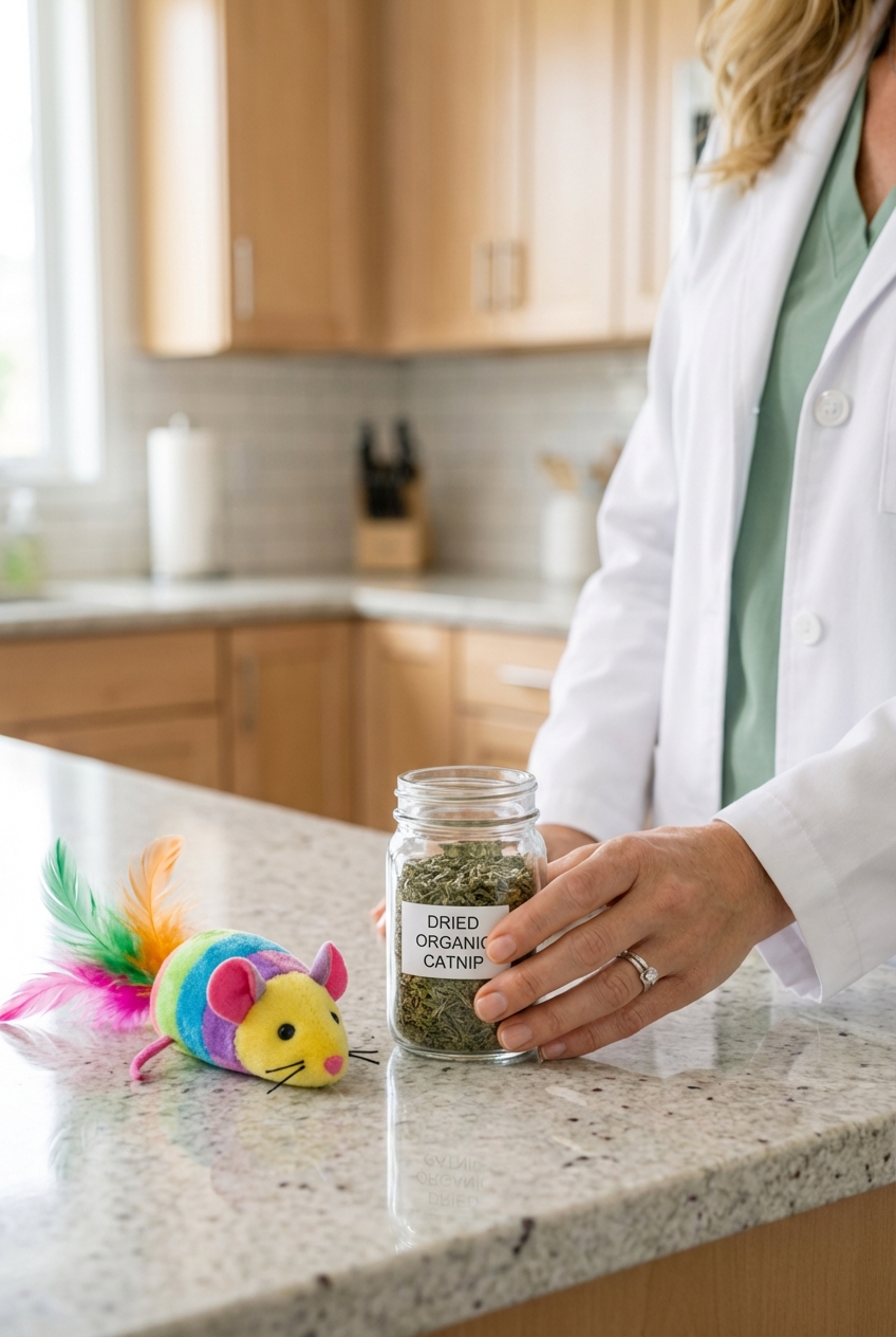 A hand holding a small glass jar of dried catnip next to a cat toy on a kitchen counter
