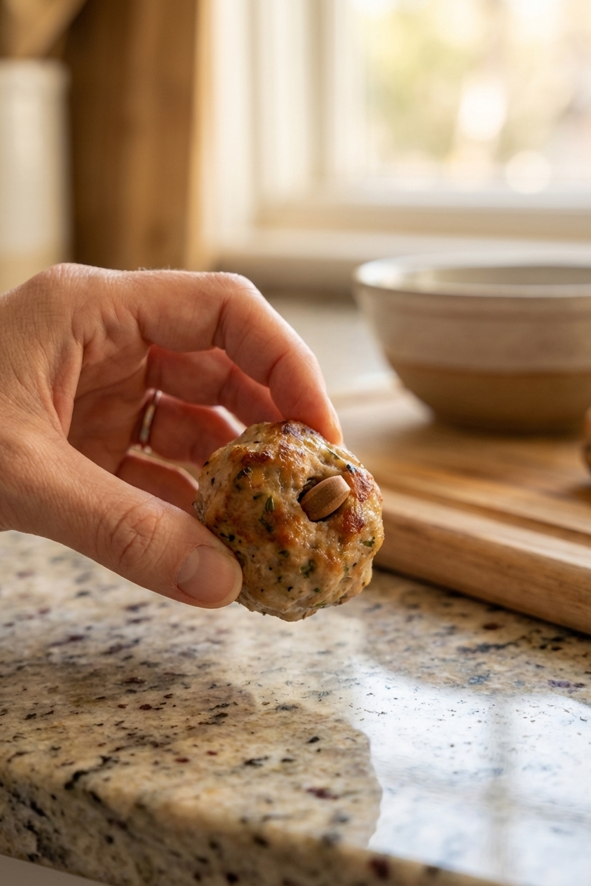 A hand holding a small homemade meatball with a hidden dog pill inside on a clean kitchen counter