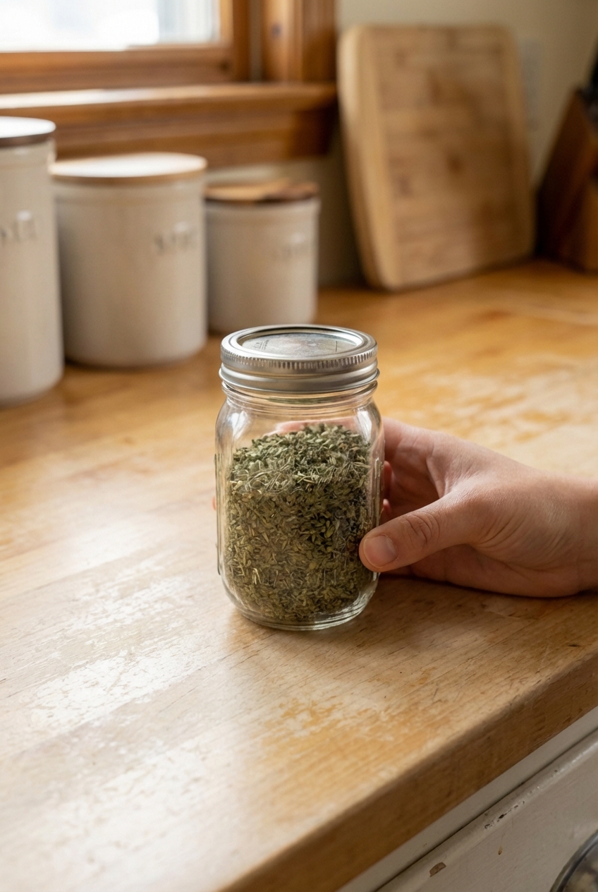A hand holding a small sealed jar of dried catnip on a kitchen counter