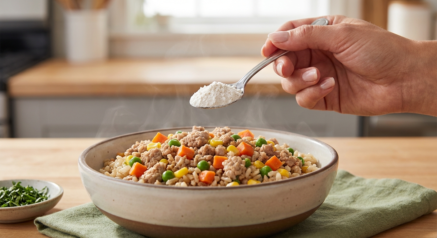 A hand holding a small spoon of finely ground eggshell powder over a bowl of cooked ground turkey and vegetables