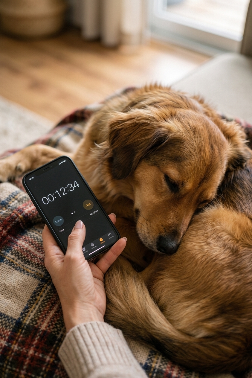 A hand holding a smartphone stopwatch next to a resting dog on a blanket