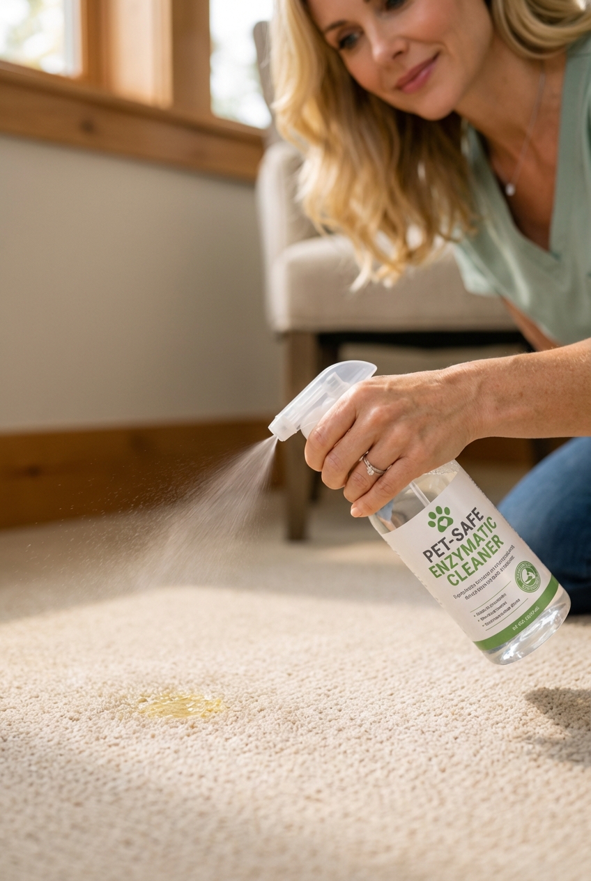 A hand holding a spray bottle of pet-safe enzymatic cleaner near a small urine spot on carpet