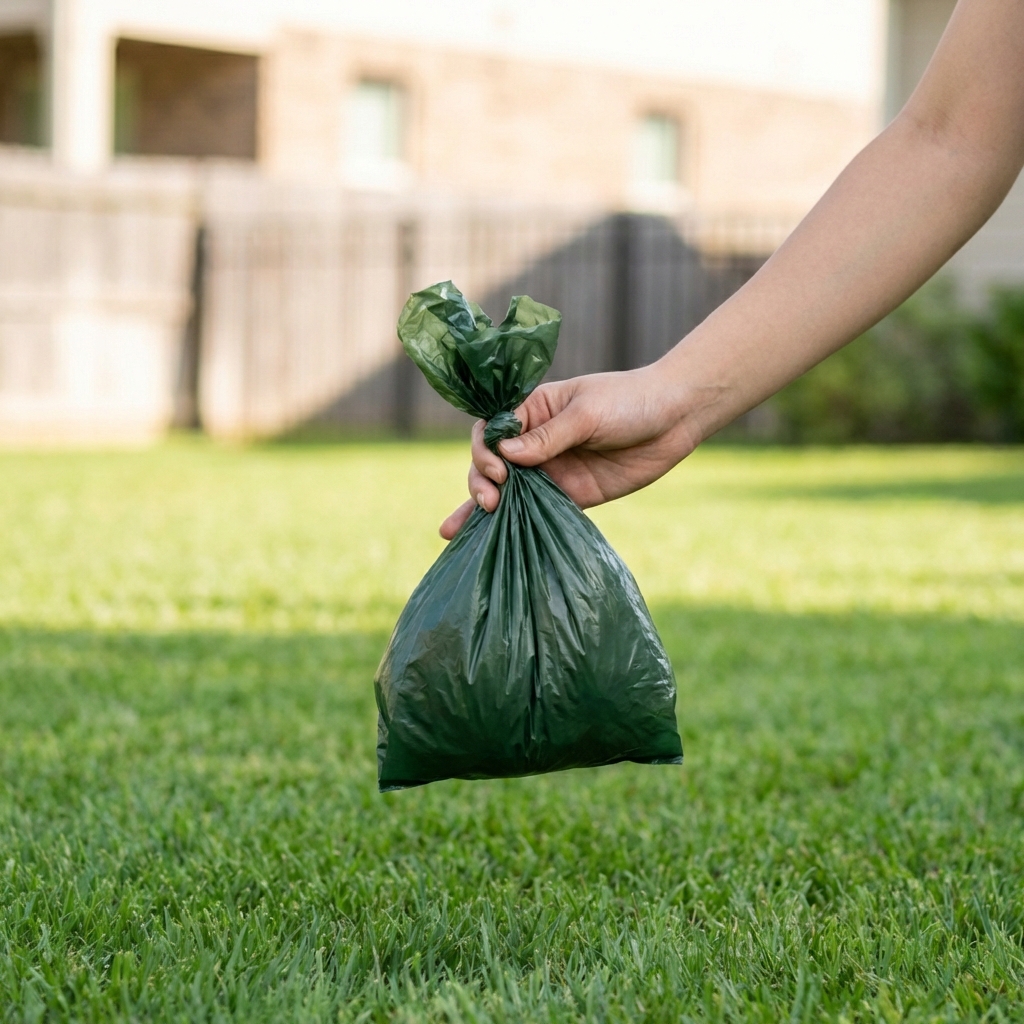 A hand holding a tied-off dog waste bag outdoors near a grassy area