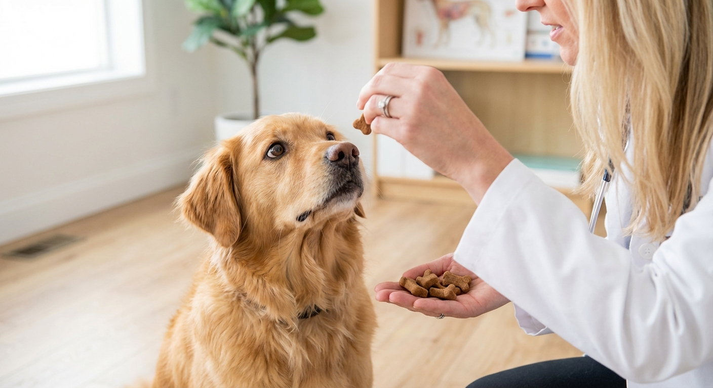 A hand holding several small soft dog training treats above a curious dog sitting calmly