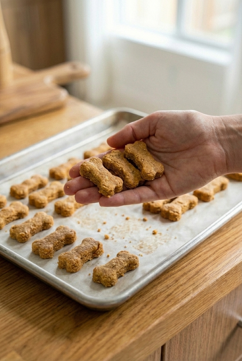 A hand holding small baked peanut butter banana dog treats over a baking sheet