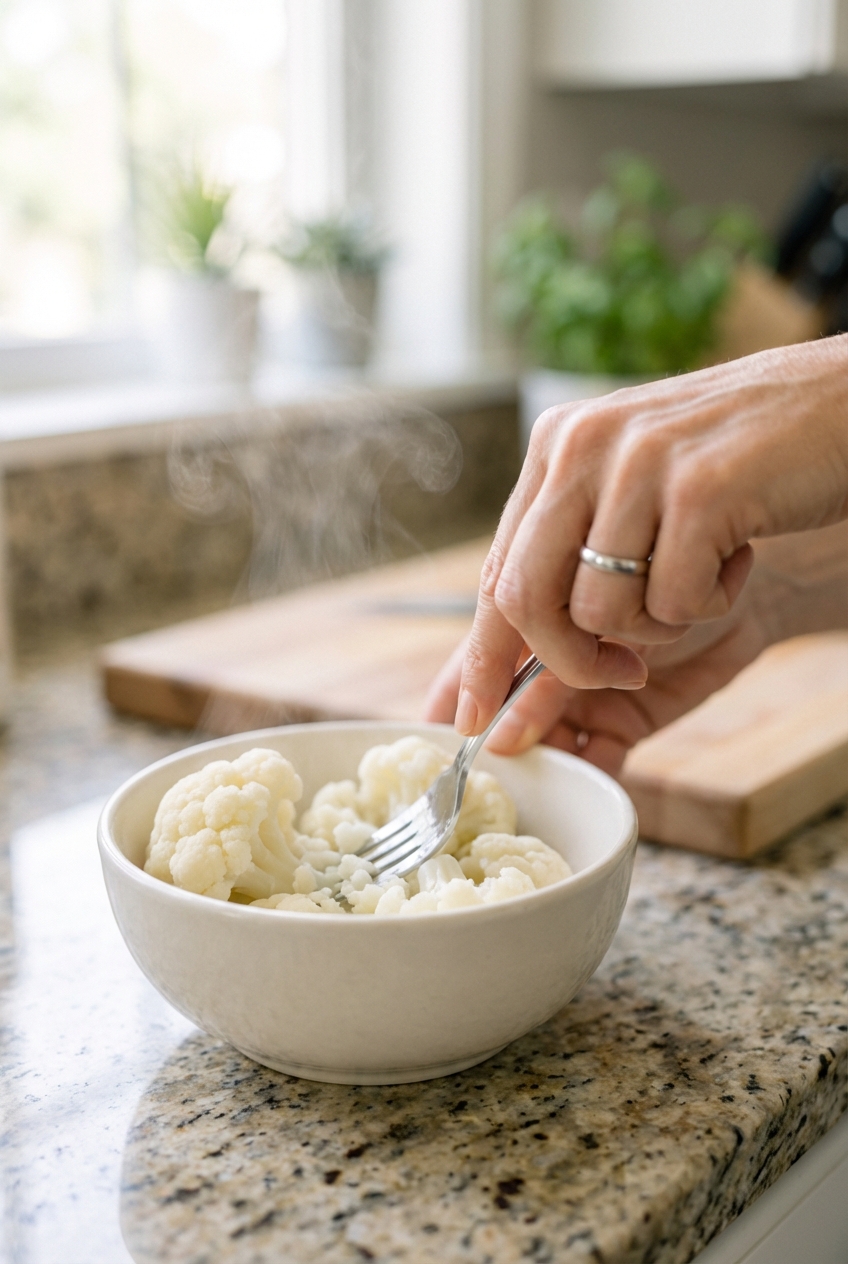 A hand mashing a few steamed cauliflower florets in a small bowl on a kitchen counter