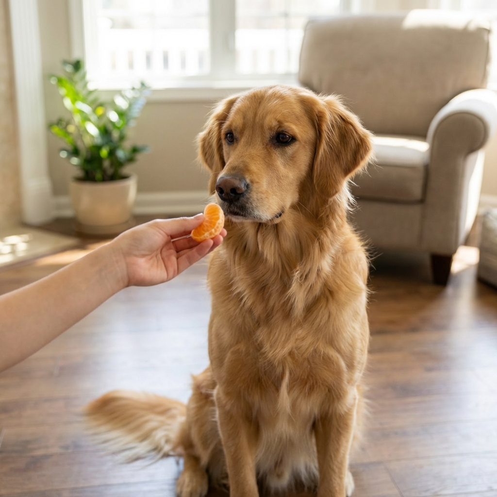 A hand offering a bite-size orange piece to a dog sitting politely indoors