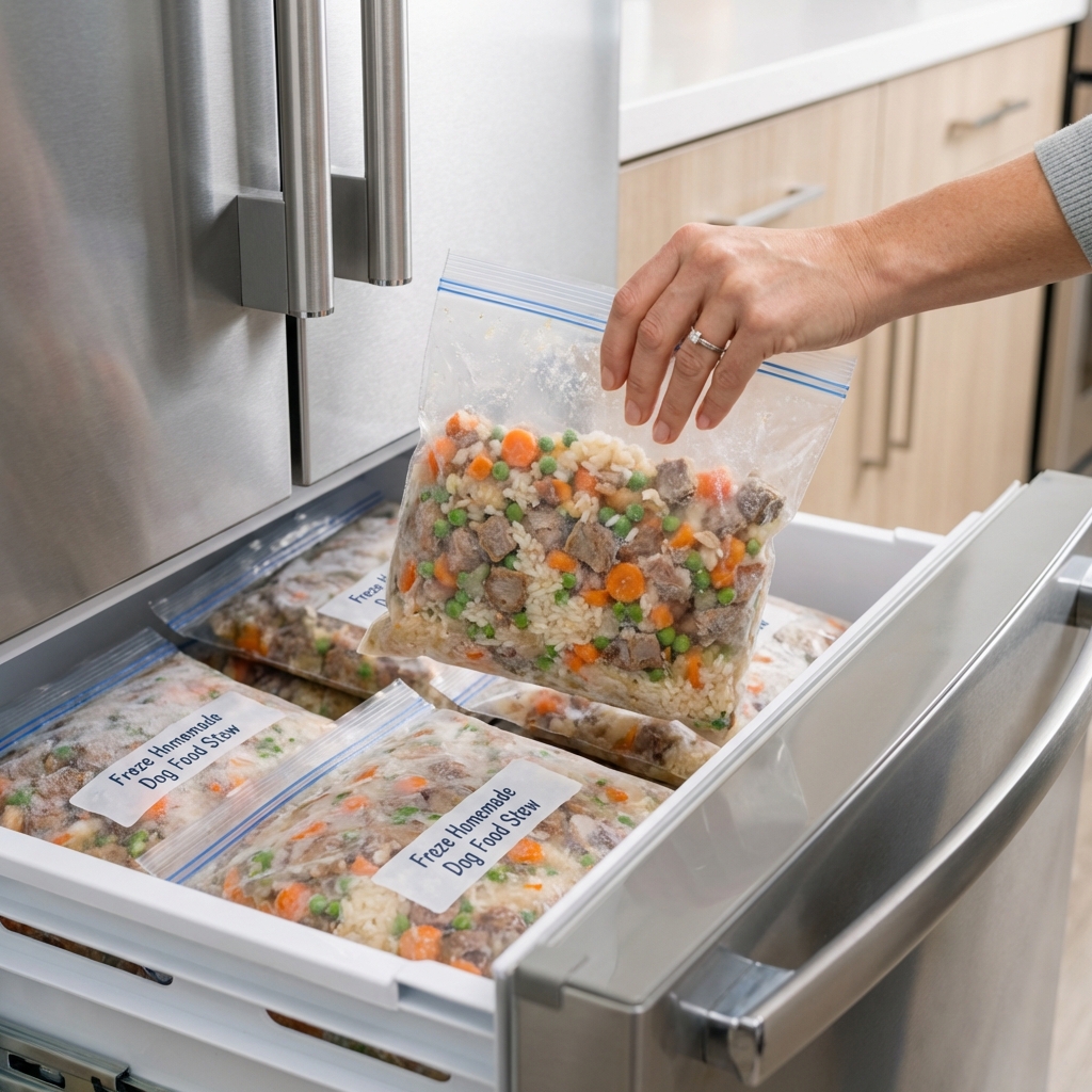A hand placing a flattened freezer bag of homemade dog food into a home freezer drawer