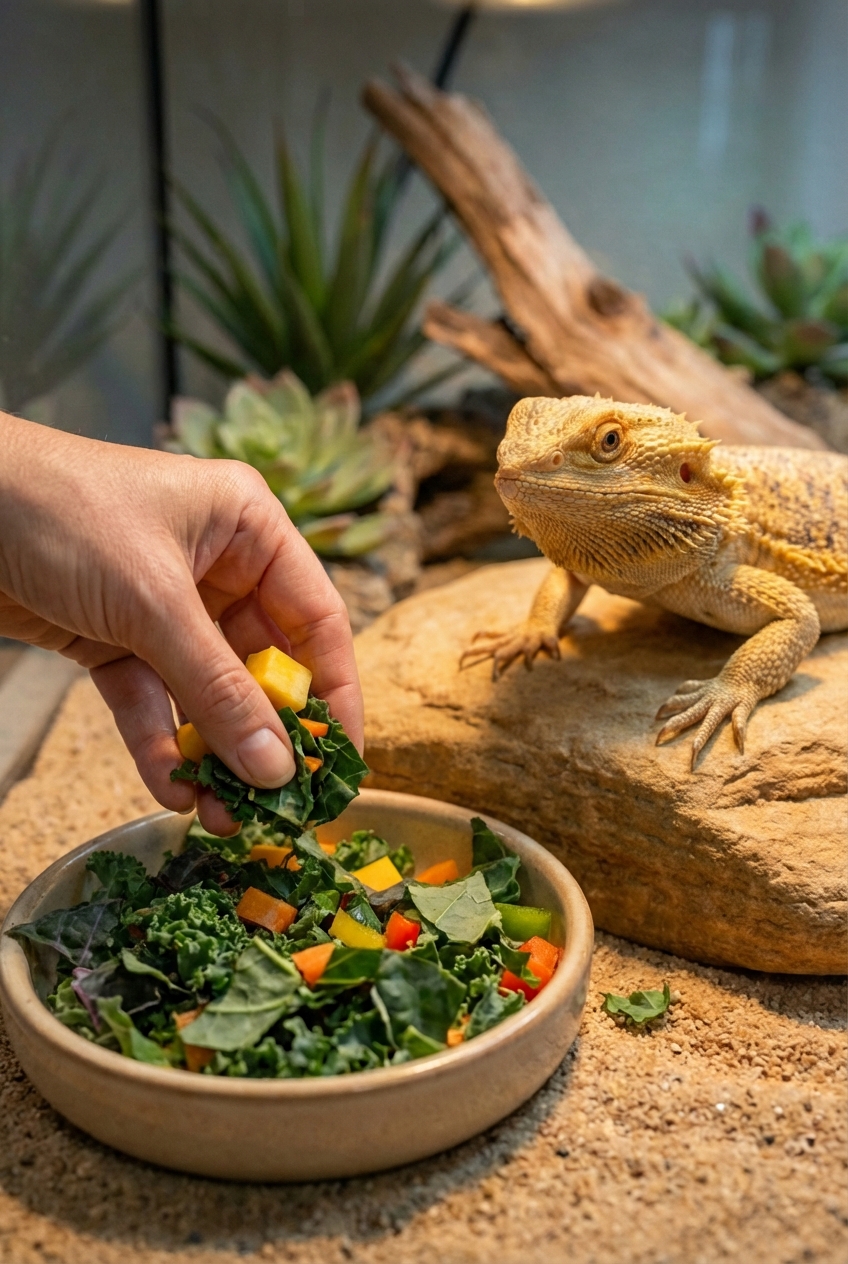 A hand placing chopped collard greens and squash into a bearded dragon feeding dish