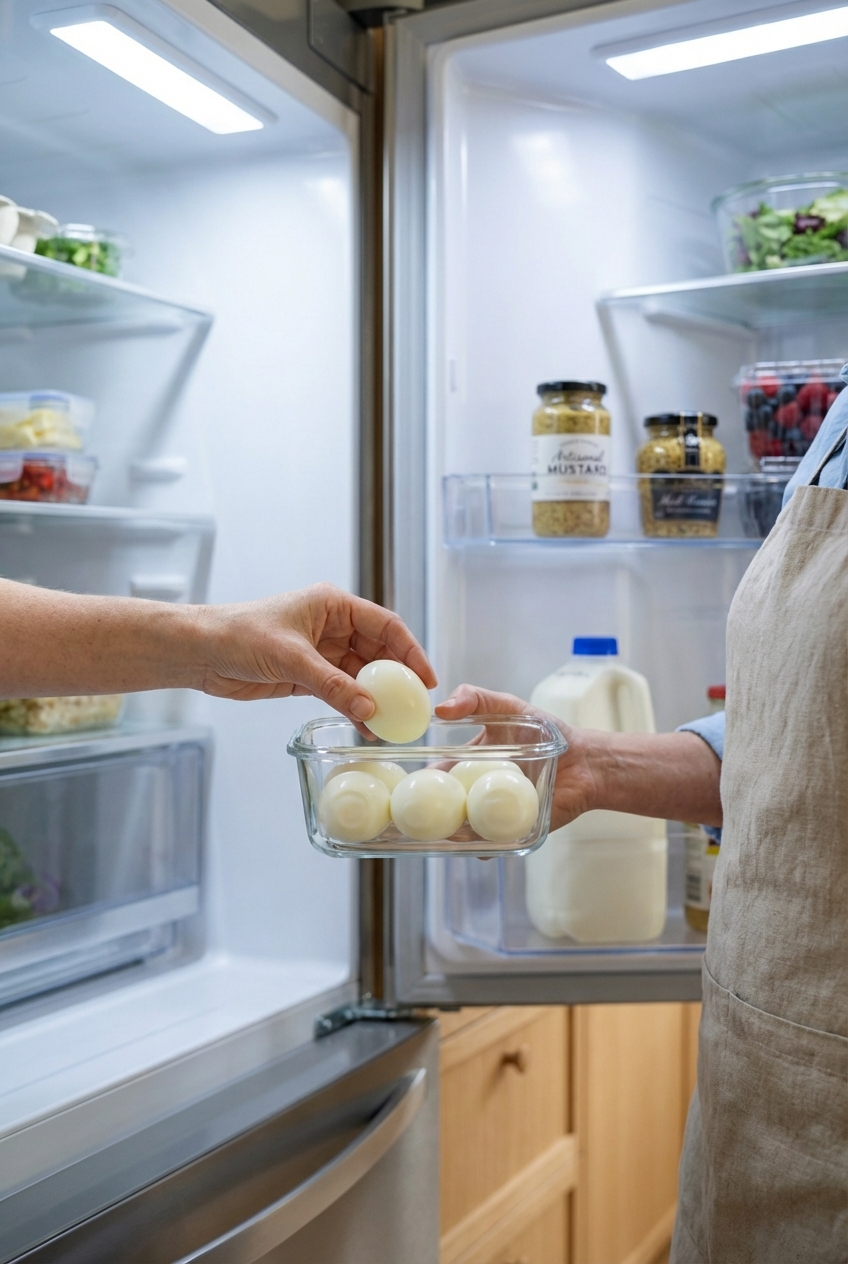 A hand placing peeled hard-boiled eggs into a glass food storage container in a refrigerator