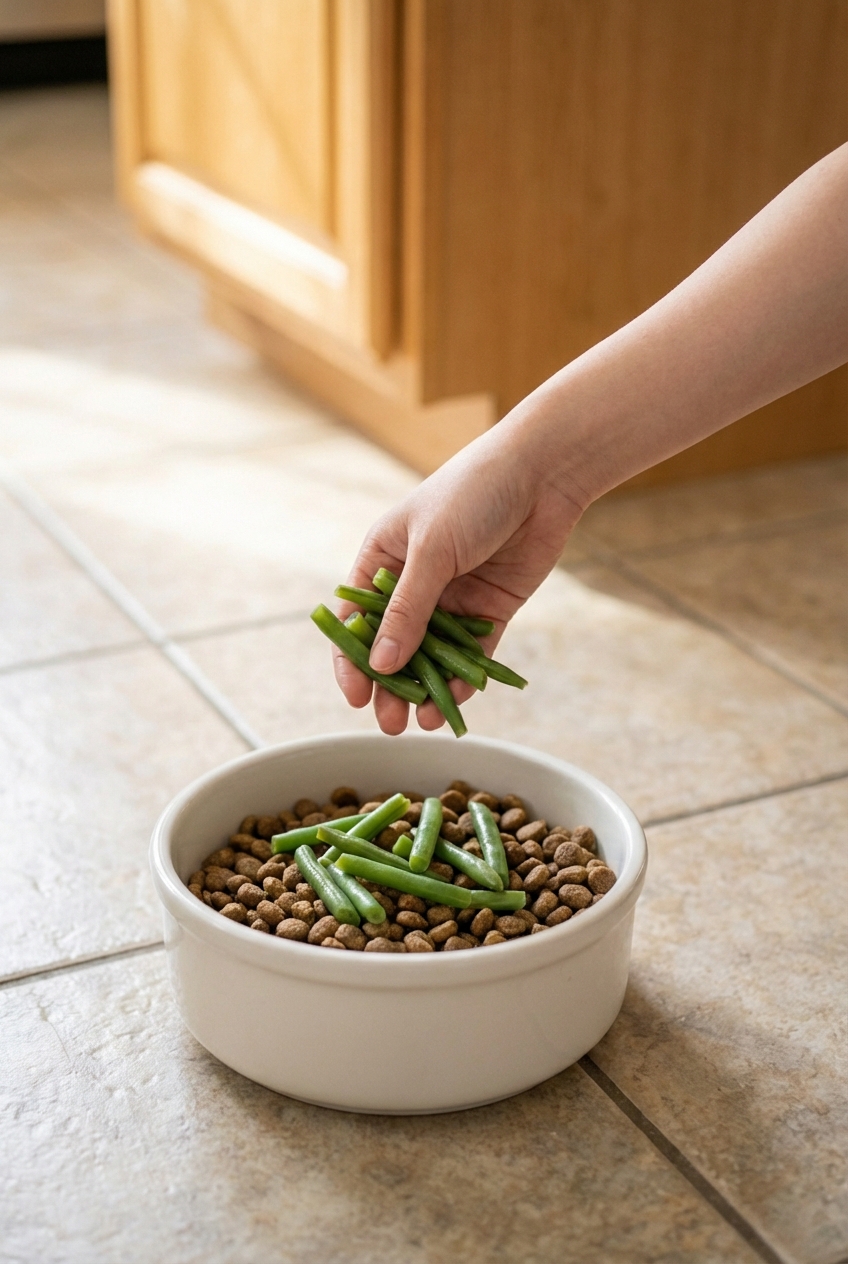 A hand placing steamed green beans into a dog bowl with kibble