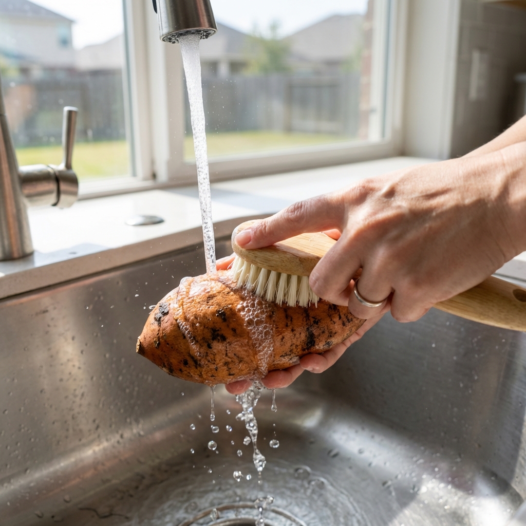A hand scrubbing a sweet potato under running water in a kitchen sink