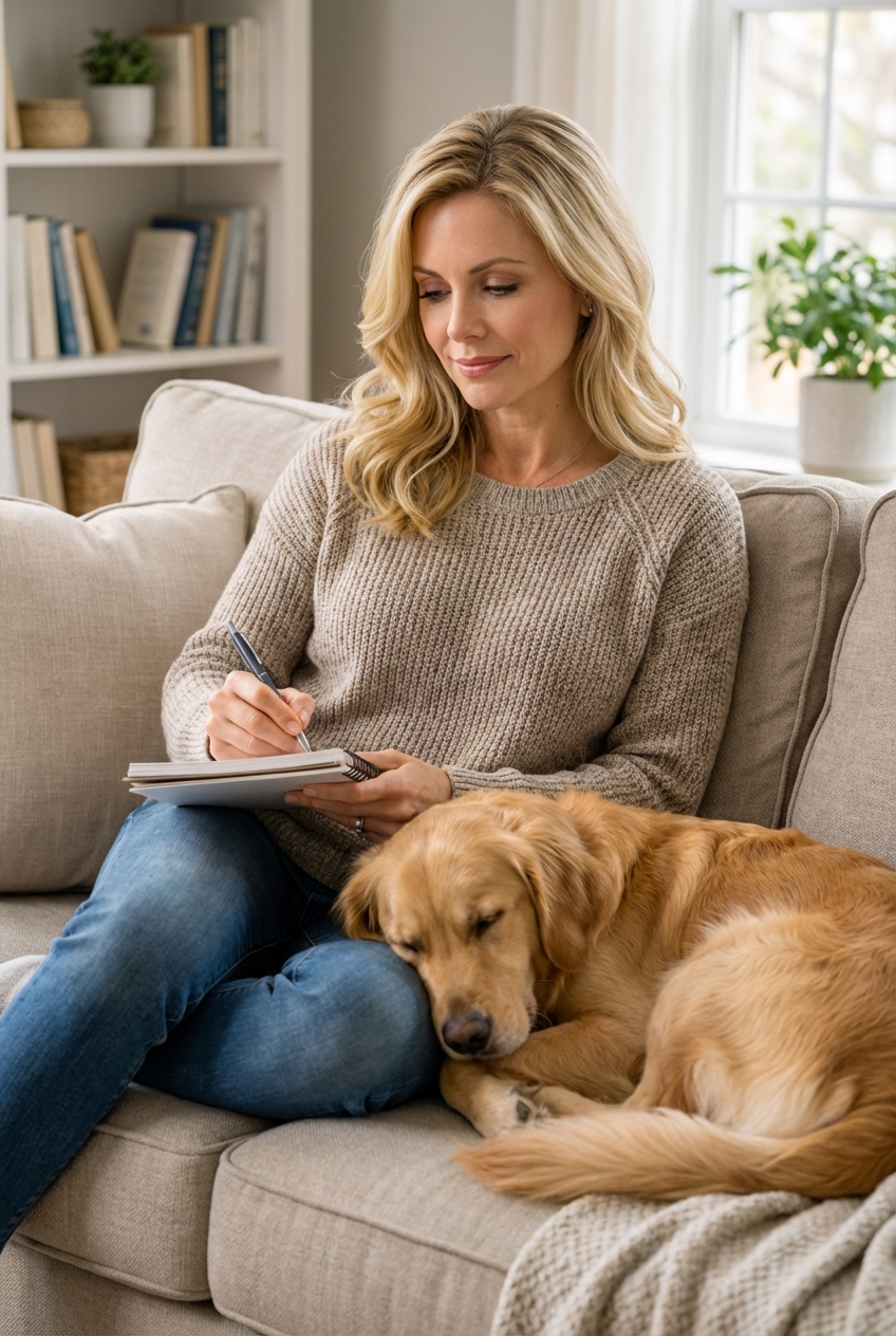 A hand writing notes in a notebook next to a sleeping dog on a couch