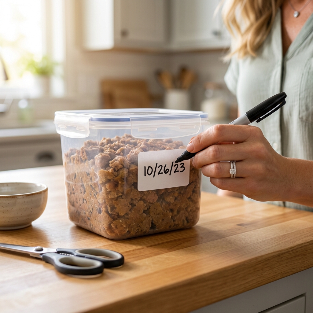 A hand writing the date on a labeled freezer-safe container of homemade cat food
