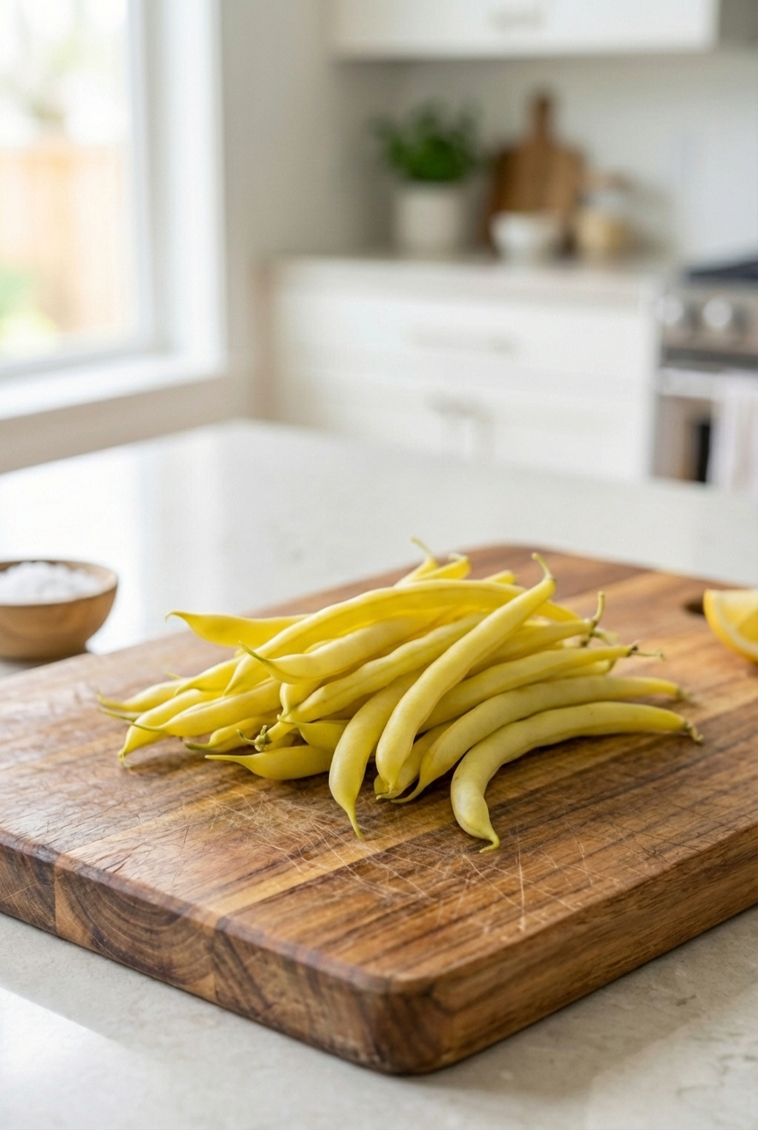 A handful of yellow wax beans on a cutting board
