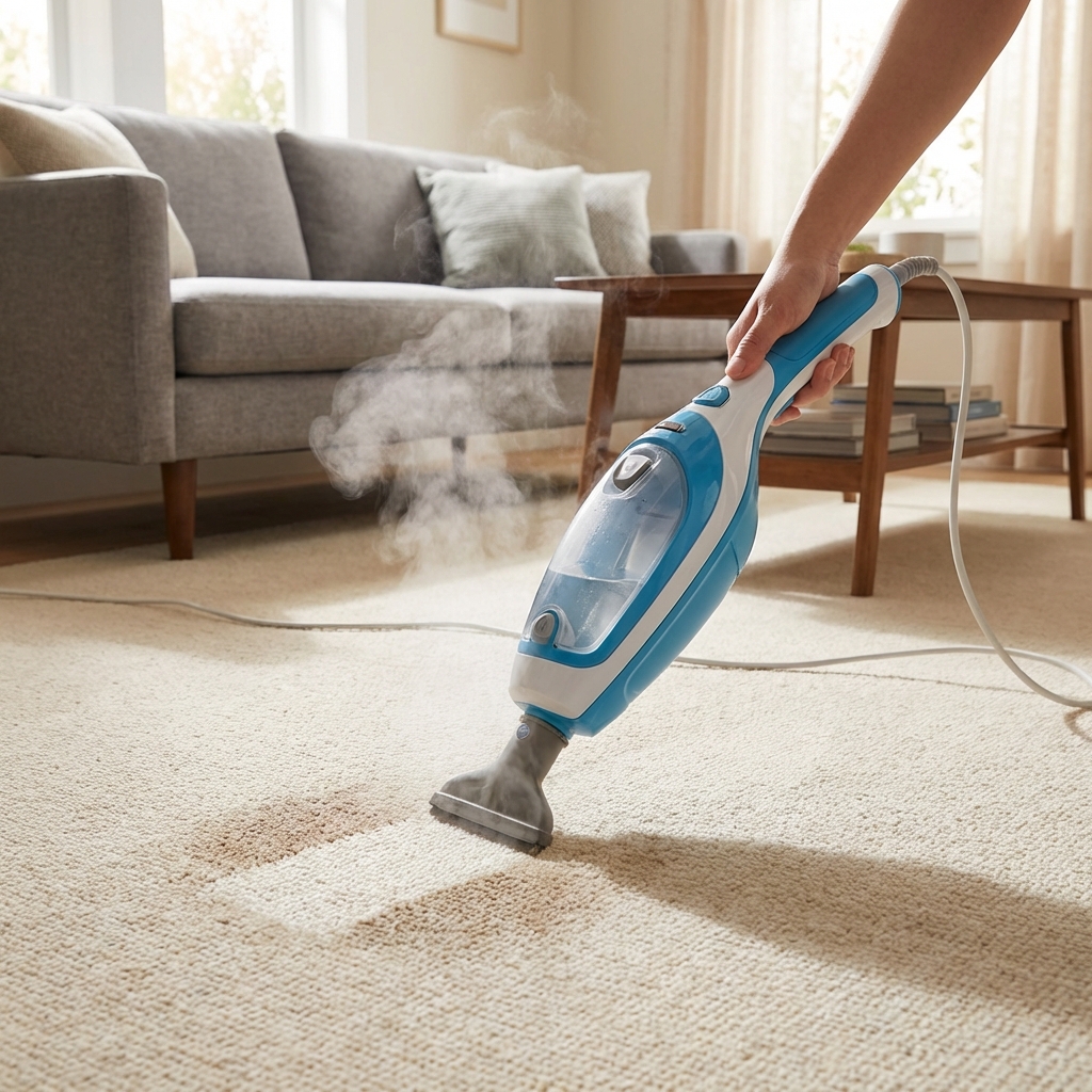 A handheld steam cleaner being used on a light-colored carpet in a living room