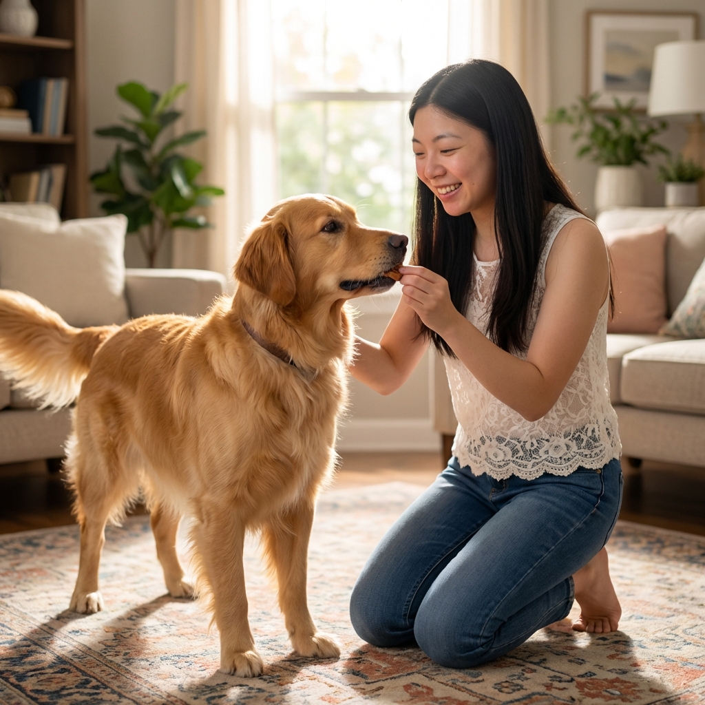 A handler rewarding a dog with a small treat while the dog stands neatly at the handler's left side in a living room