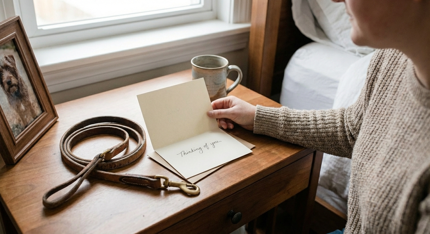 A handwritten sympathy card next to a dog leash on a bedside table