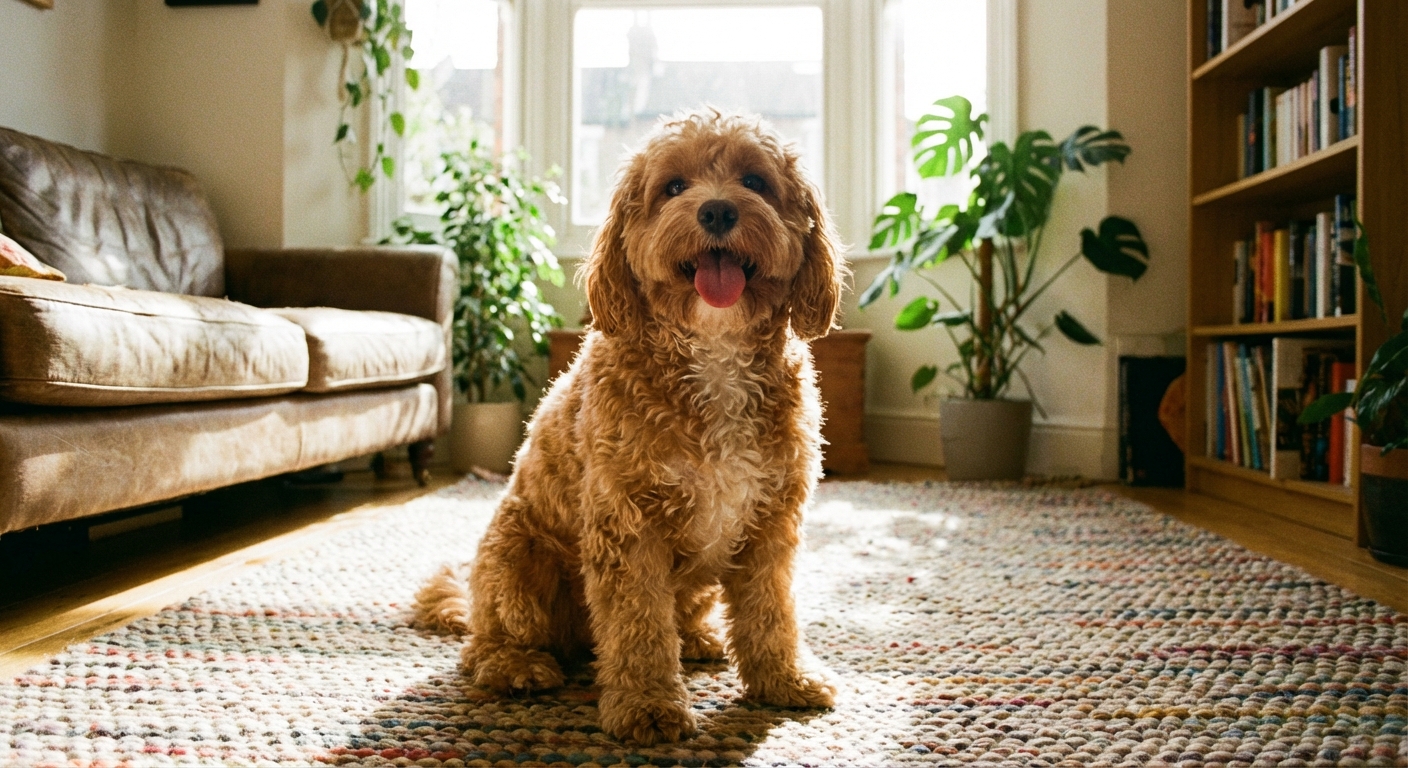 A happy Cavapoo sitting on a cozy rug in a bright living room, showing a wavy coat and friendly expression